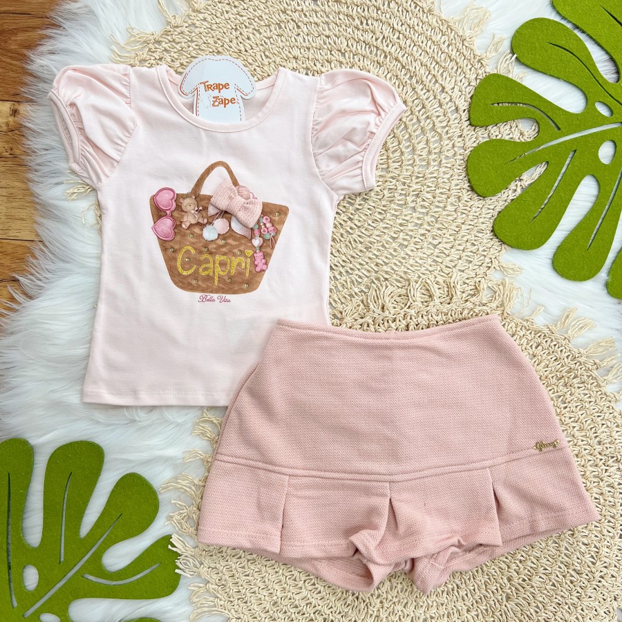  Conj. Blusa Capri  Bella Vita e Short Saia - Rose